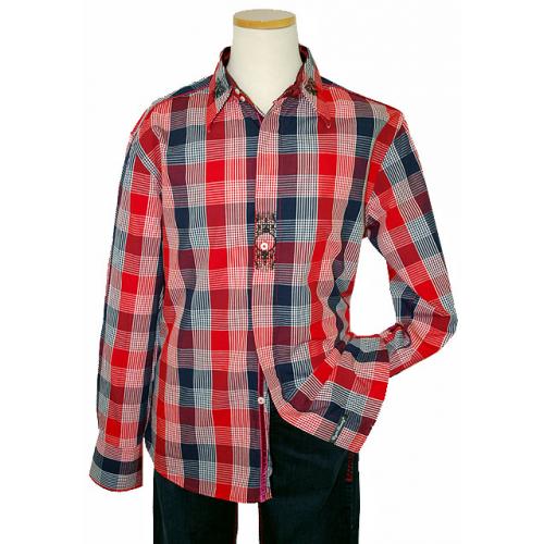 English Laundry Red/Navy/White Checker Board Design With Embroidery Long Sleeves 100% Cotton Shirt ELW1043